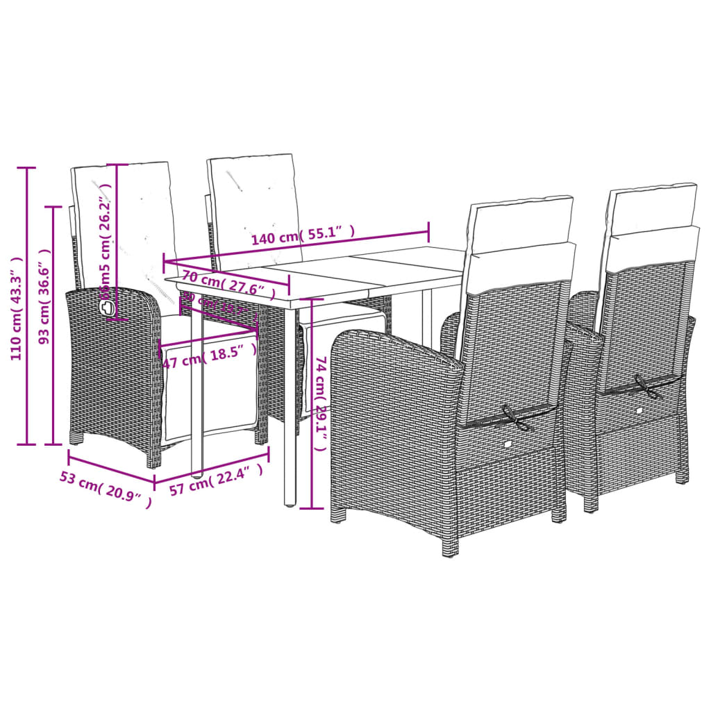 5 pcs conjunto de jantar p/ jardim com almofadões vime PE bege