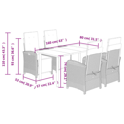 5 pcs conjunto de jantar p/ jardim com almofadões vime PE bege