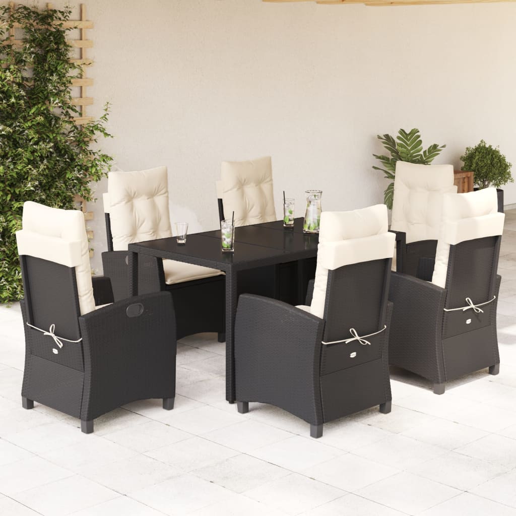 7 pcs conjunto de jantar p/ jardim c/ almofadões vime PE preto