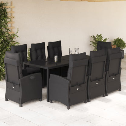 9 pcs conjunto de jantar p/ jardim c/ almofadões vime PE preto