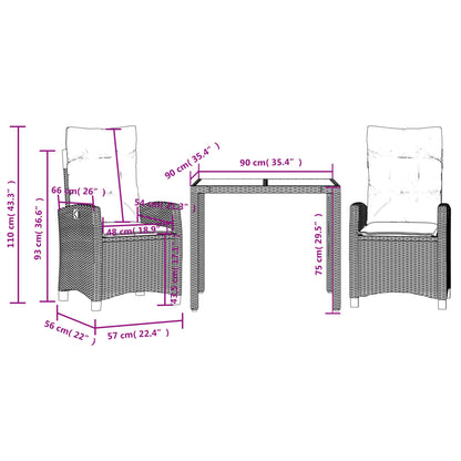 3 pcs conjunto de jantar p/ jardim c/ almofadões vime PE preto