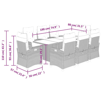 9 pcs conjunto de jantar p/ jardim c/ almofadões vime PE cinza