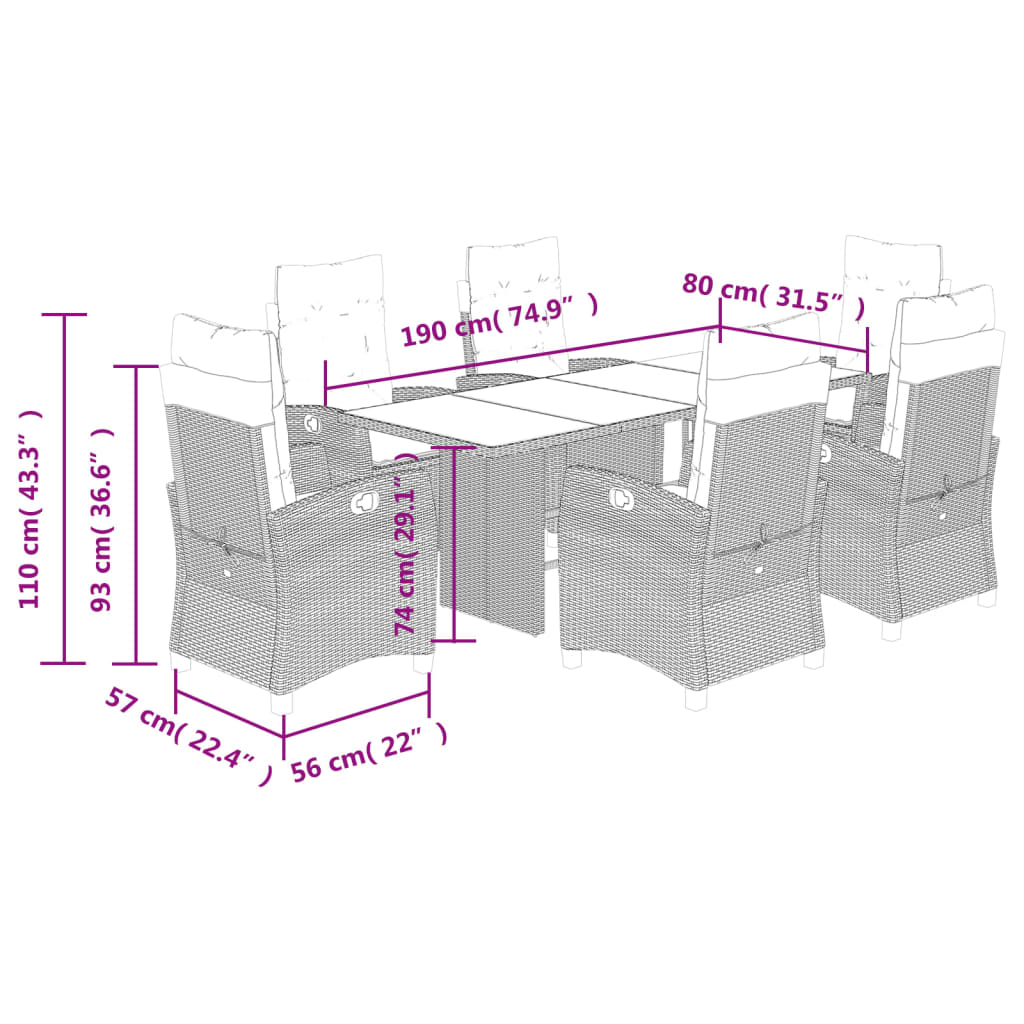 7 pcs conjunto de jantar p/ jardim com almofadões vime PE bege