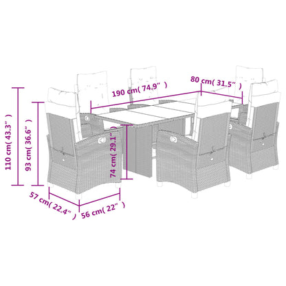 7 pcs conjunto de jantar p/ jardim com almofadões vime PE bege