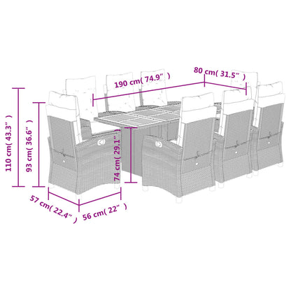 9 pcs conjunto de jantar p/ jardim c/ almofadões vime PE preto