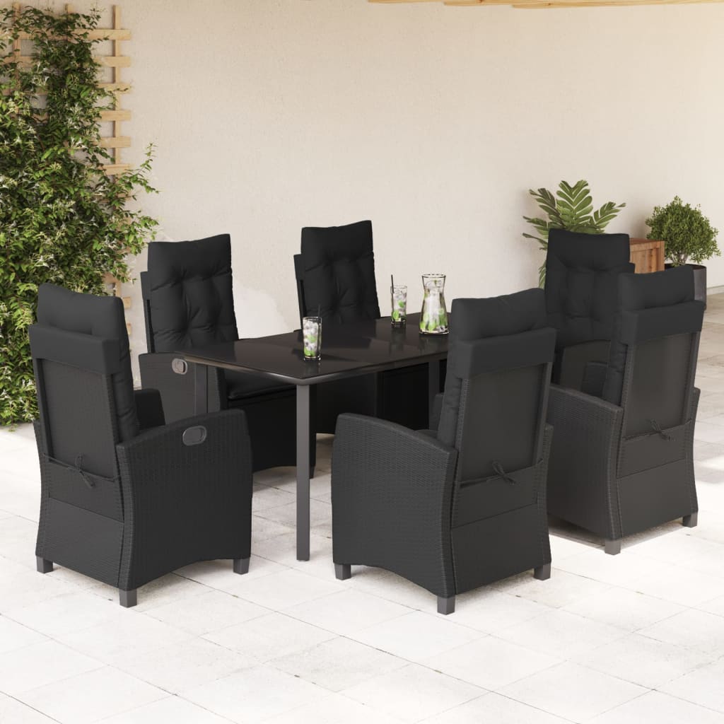 7 pcs conjunto de jantar p/ jardim c/ almofadões vime PE preto