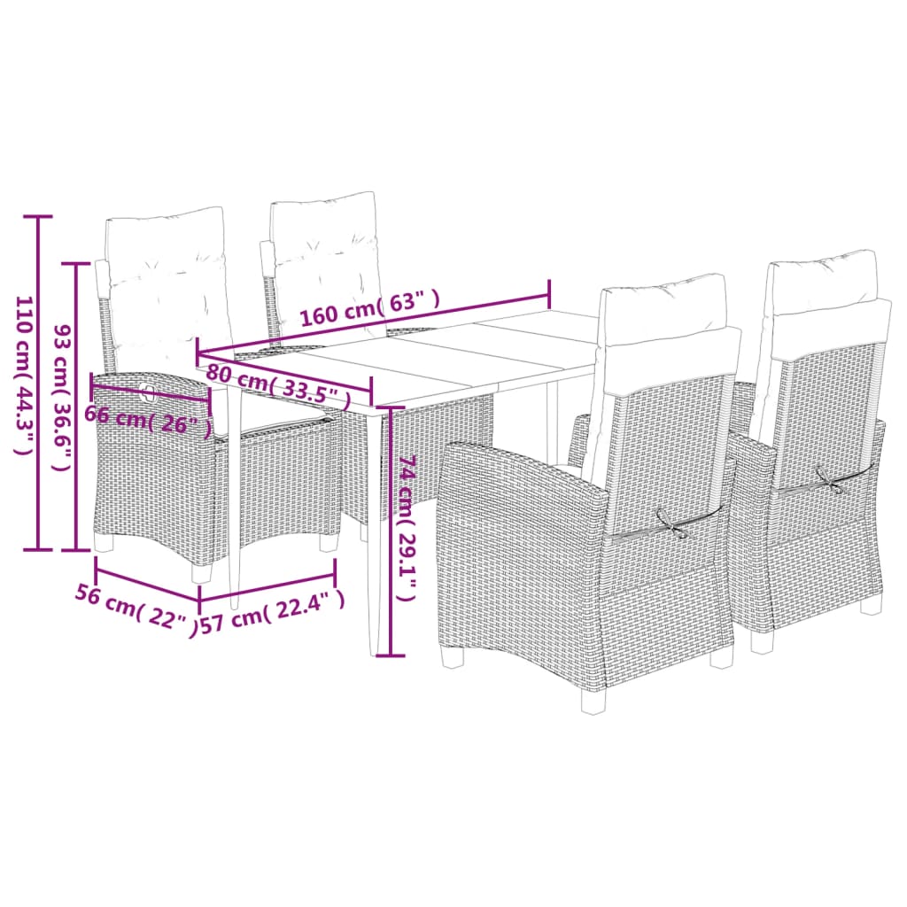 5 pcs conjunto jantar p/ jardim c/ almofadões vime PE castanho