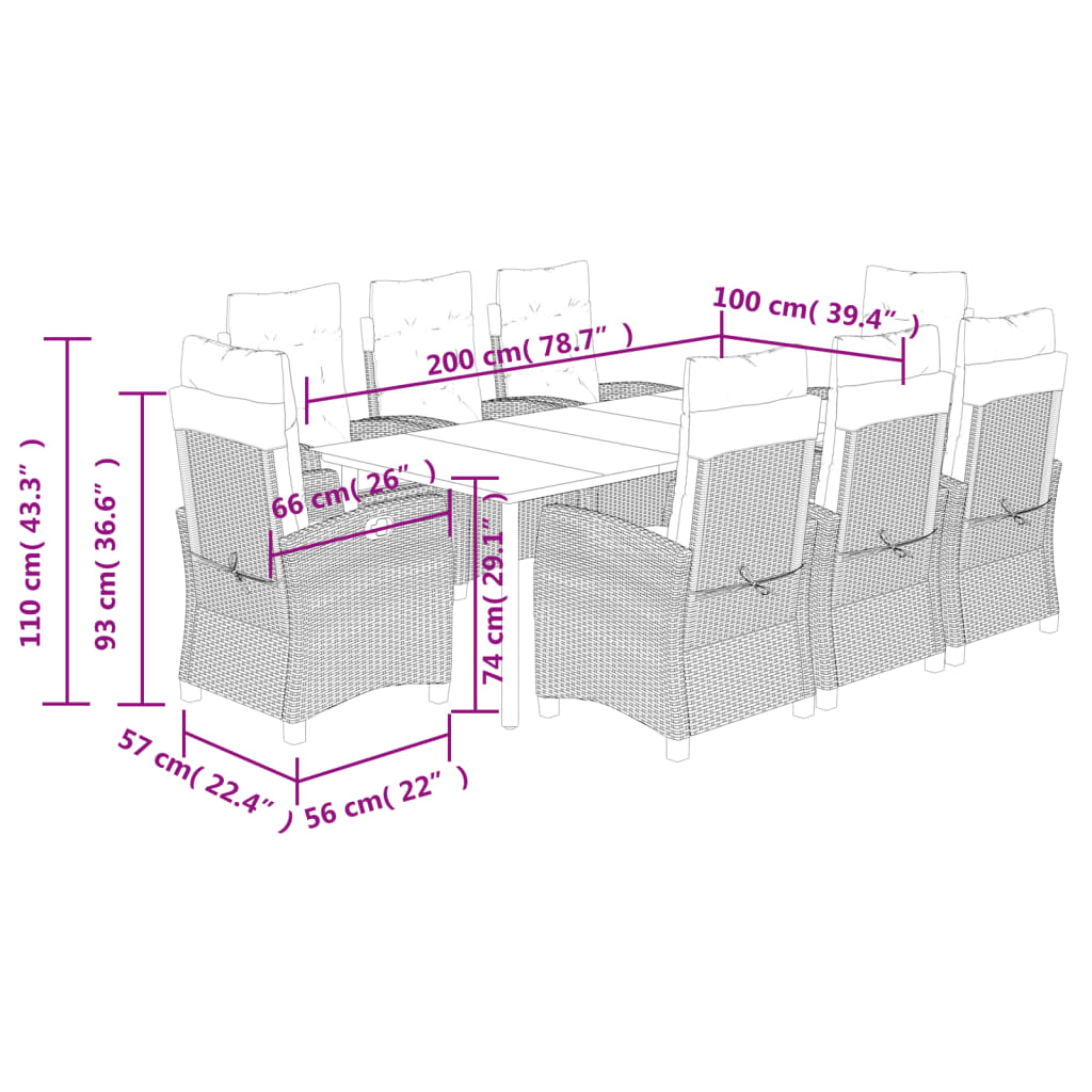 9 pcs conjunto de jantar p/ jardim c/ almofadões vime PE cinza