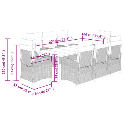 9 pcs conjunto de jantar p/ jardim c/ almofadões vime PE cinza