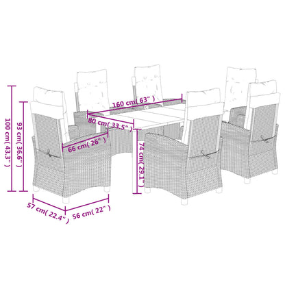 7 pcs conjunto de jantar p/ jardim com almofadões vime PE bege