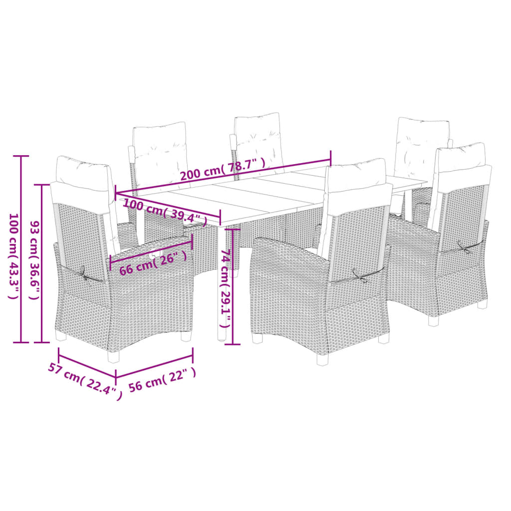 7 pcs conjunto de jantar p/ jardim com almofadões vime PE bege