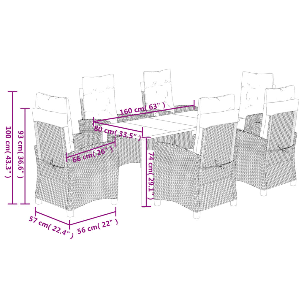 7 pcs conj. jantar p/ jardim c/ almofadões vime PE cinza-claro