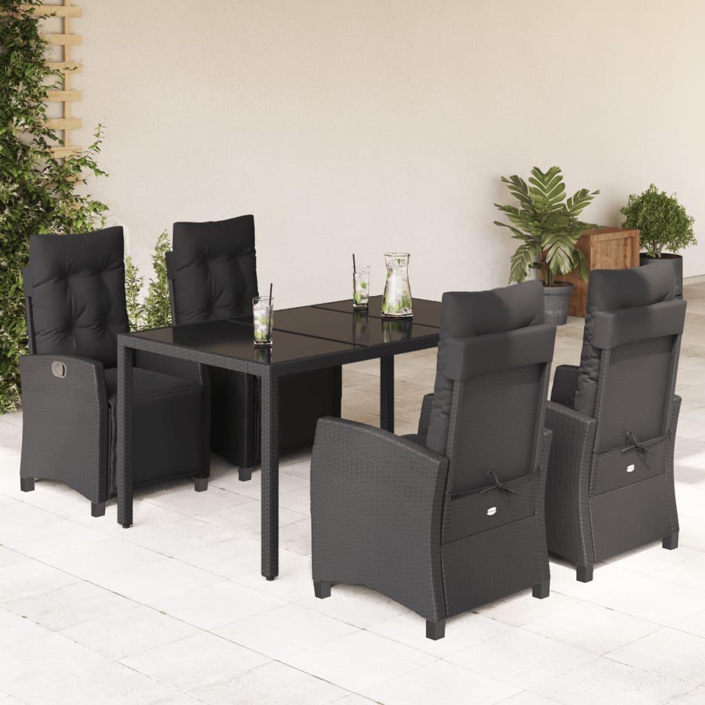 5 pcs conjunto de jantar p/ jardim c/ almofadões vime PE preto