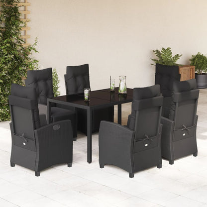 7 pcs conjunto de jantar p/ jardim c/ almofadões vime PE preto