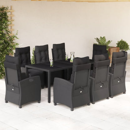 9 pcs conjunto de jantar p/ jardim c/ almofadões vime PE preto