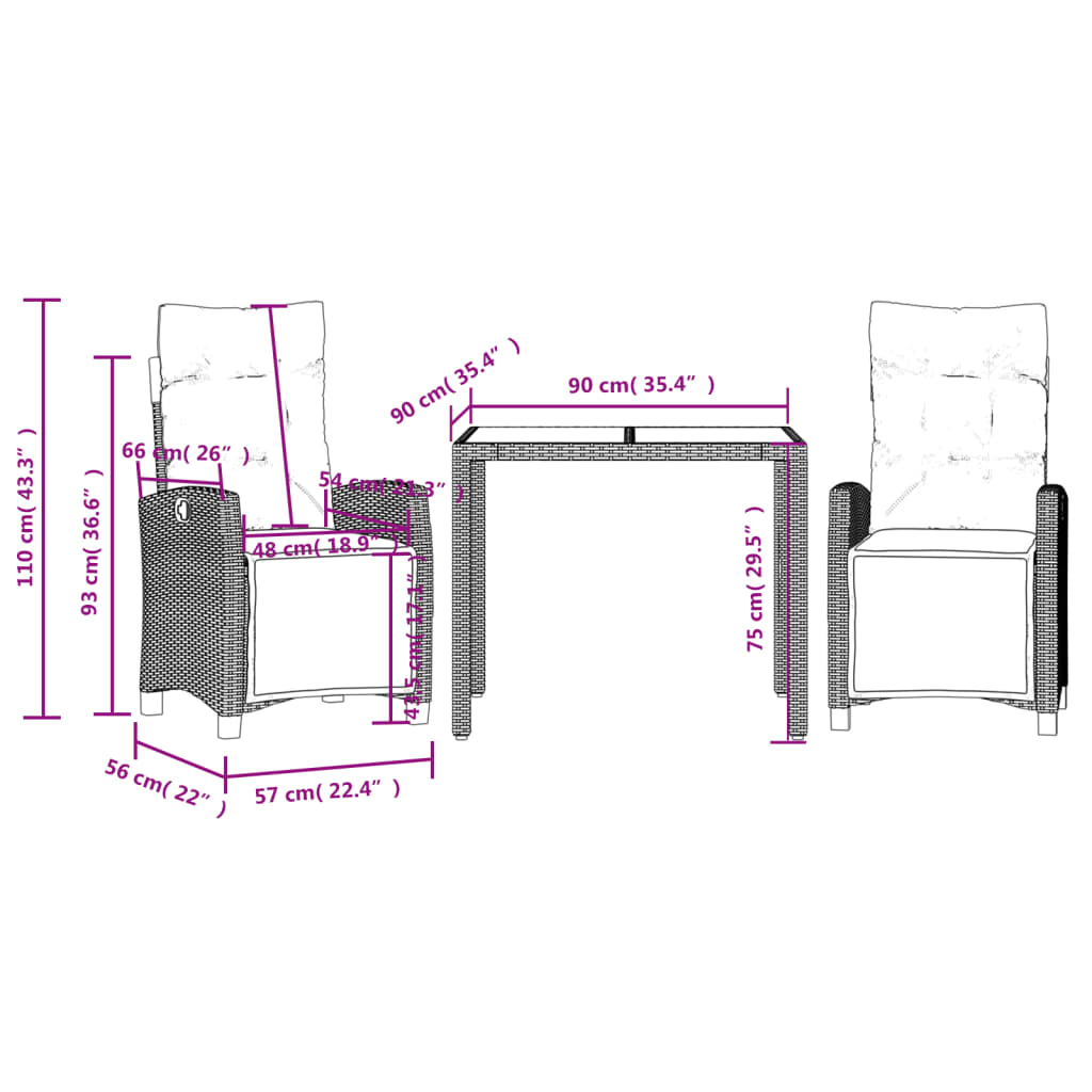 3 pcs conjunto de jantar p/ jardim c/ almofadões vime PE cinza