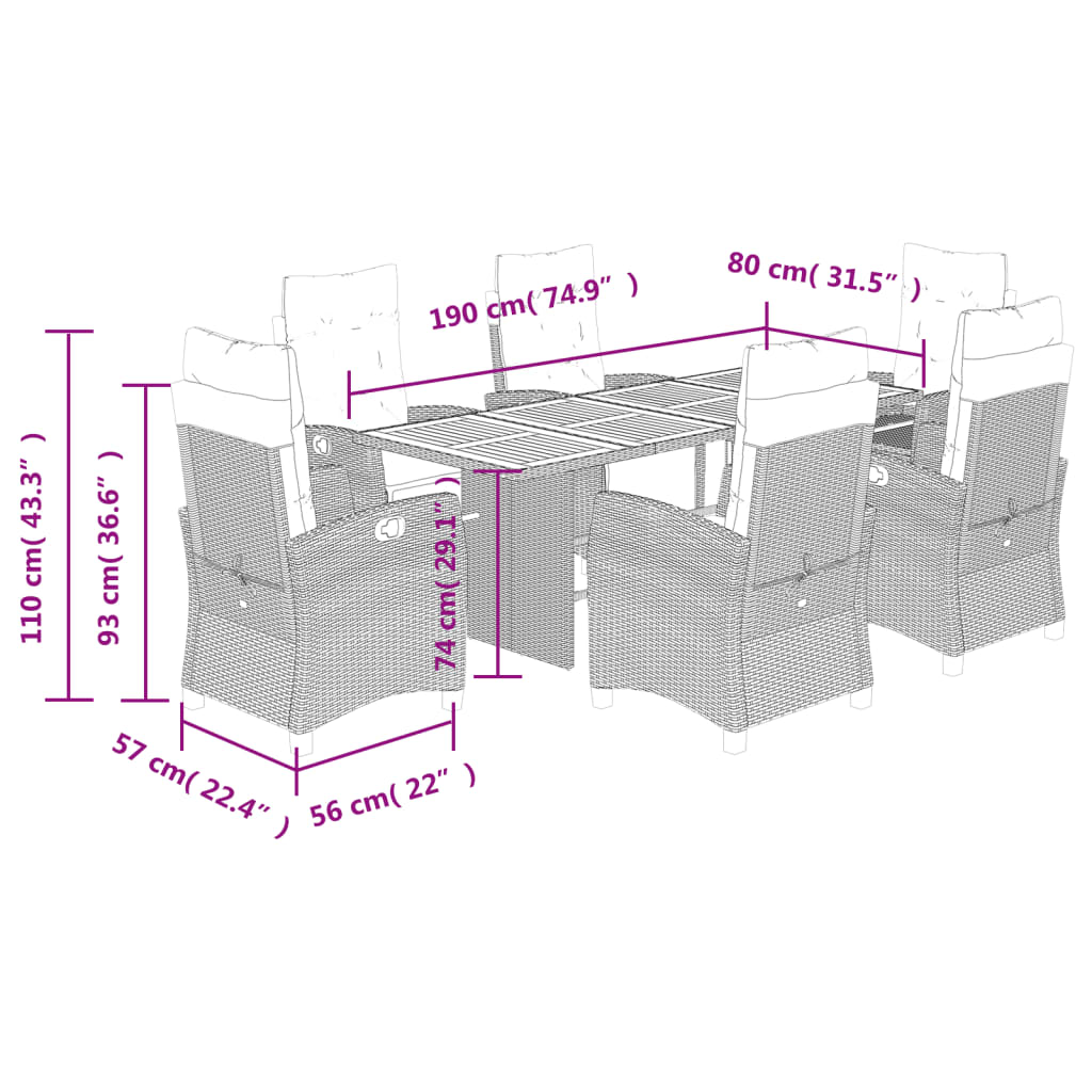 7 pcs conjunto de jantar p/ jardim com almofadões vime PE bege