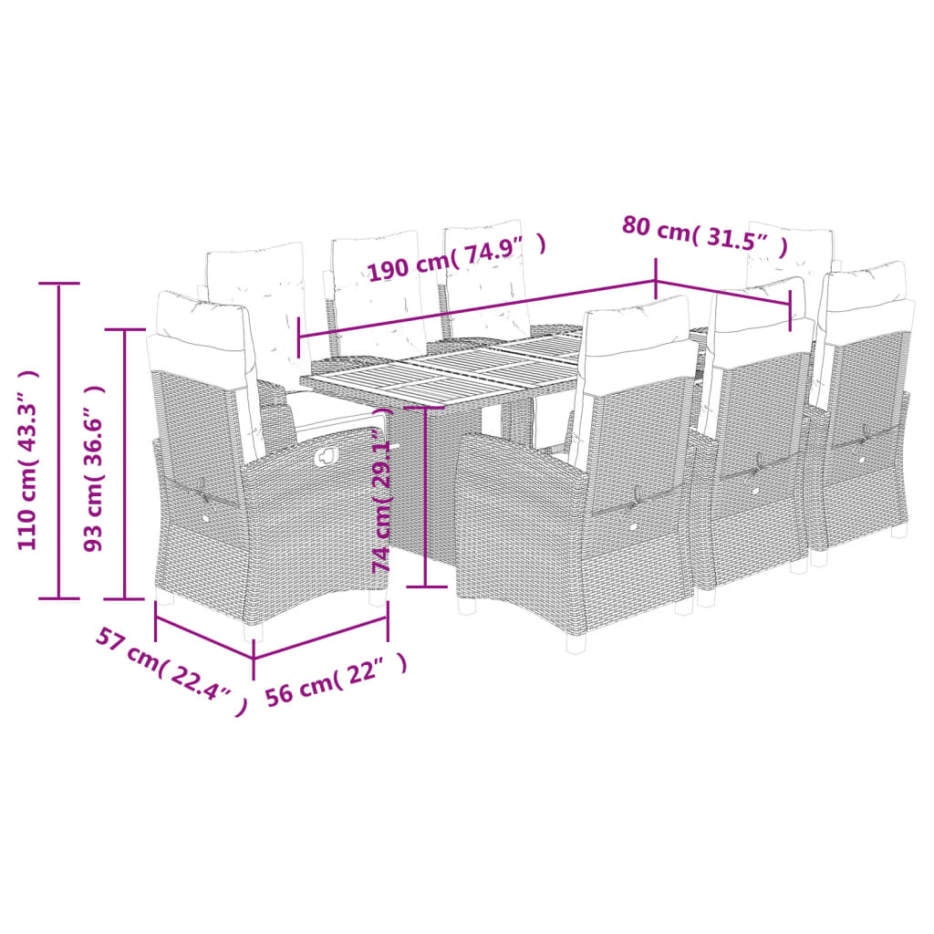 9 pcs conjunto de jantar p/ jardim com almofadões vime PE bege