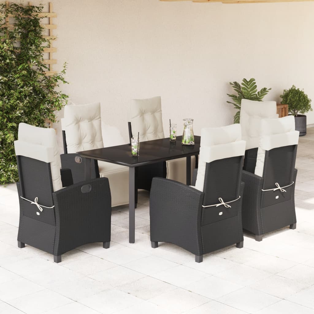 7 pcs conjunto de jantar p/ jardim c/ almofadões vime PE preto