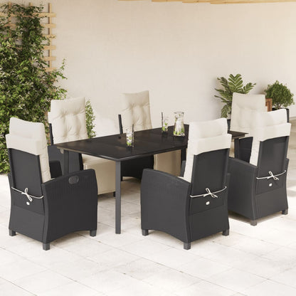 7 pcs conjunto de jantar p/ jardim c/ almofadões vime PE preto