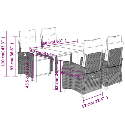 5 pcs conjunto de jantar p/ jardim c/ almofadões vime PE cinza