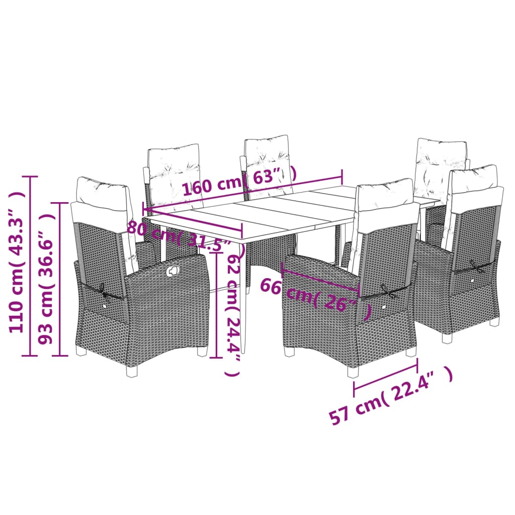 7 pcs conjunto de jantar p/ jardim com almofadões vime PE bege