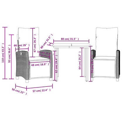 3 pcs conjunto de jantar p/ jardim com almofadões vime PE bege