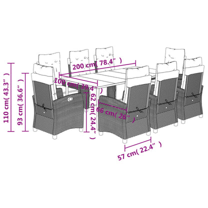 9 pcs conjunto de jantar p/ jardim c/ almofadões cinzento claro