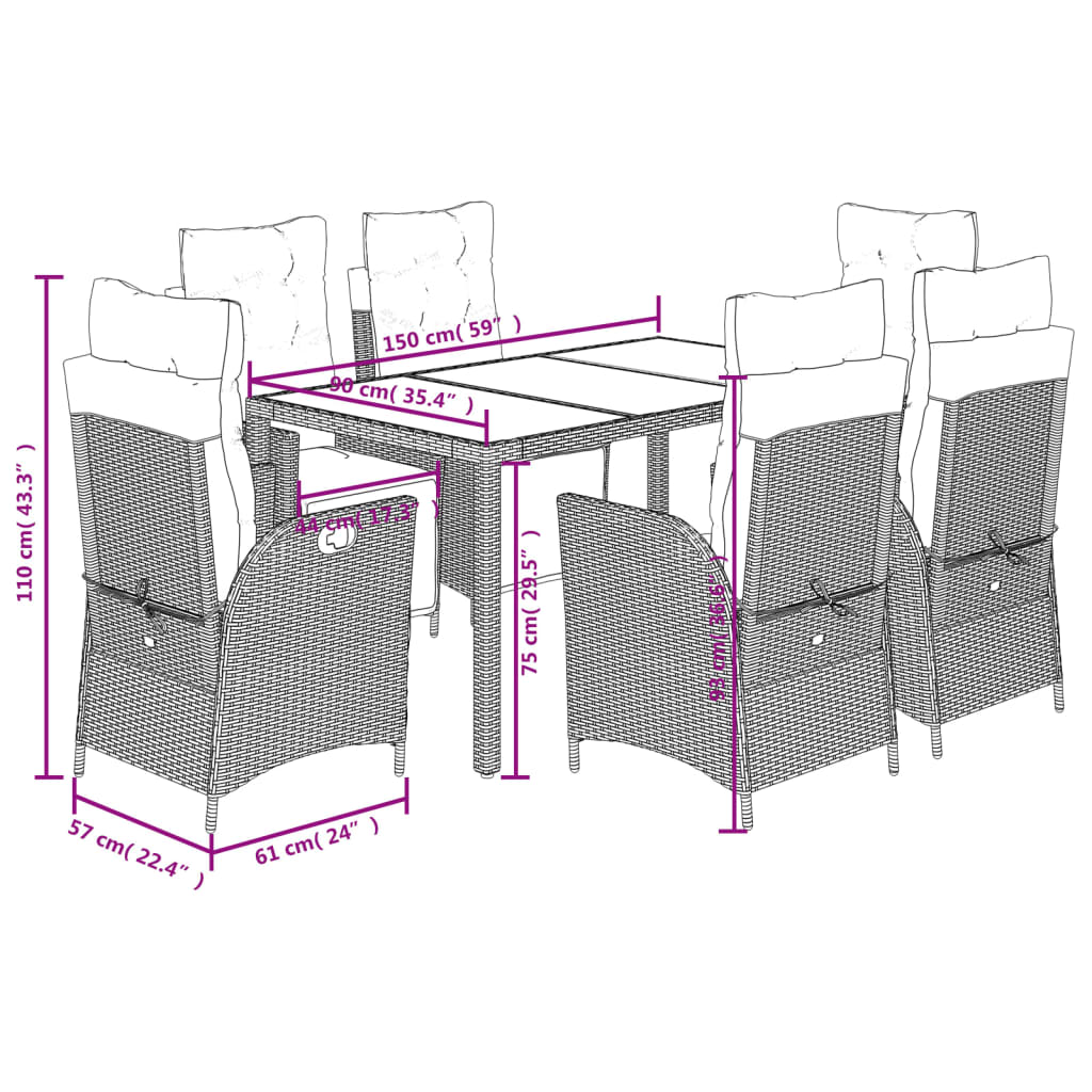 7 pcs conjunto de jantar p/ jardim c/ almofadões vime PE preto