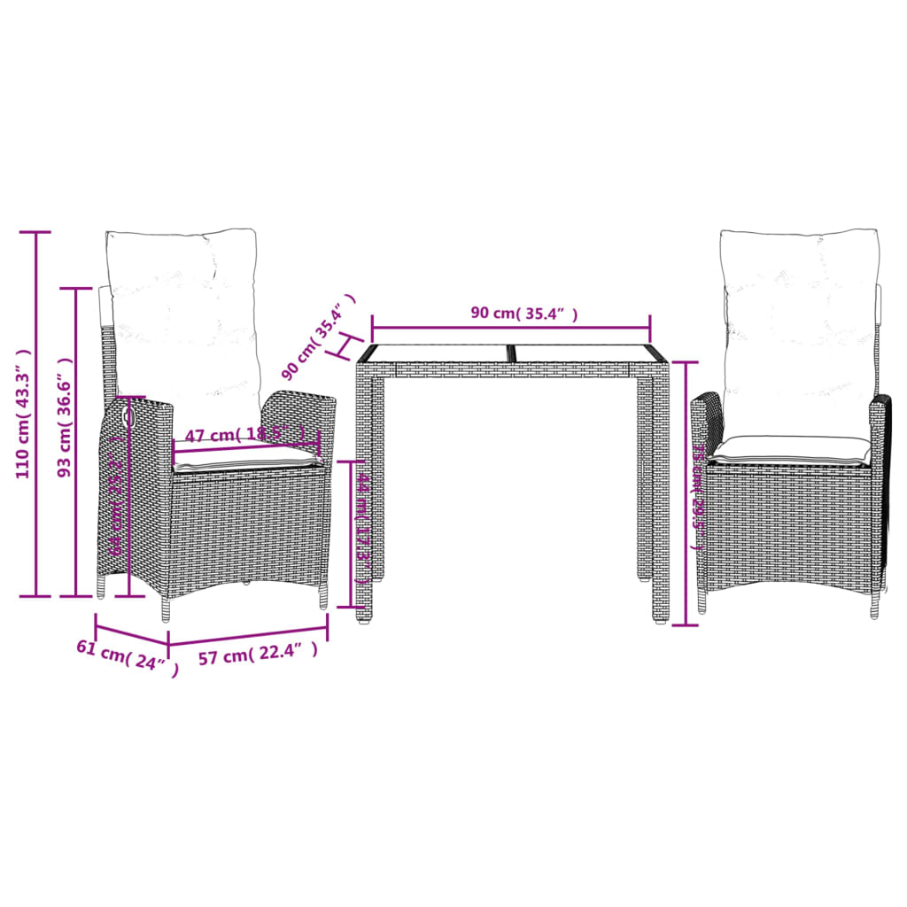 3 pcs conjunto de jantar p/ jardim c/ almofadões vime PE cinza