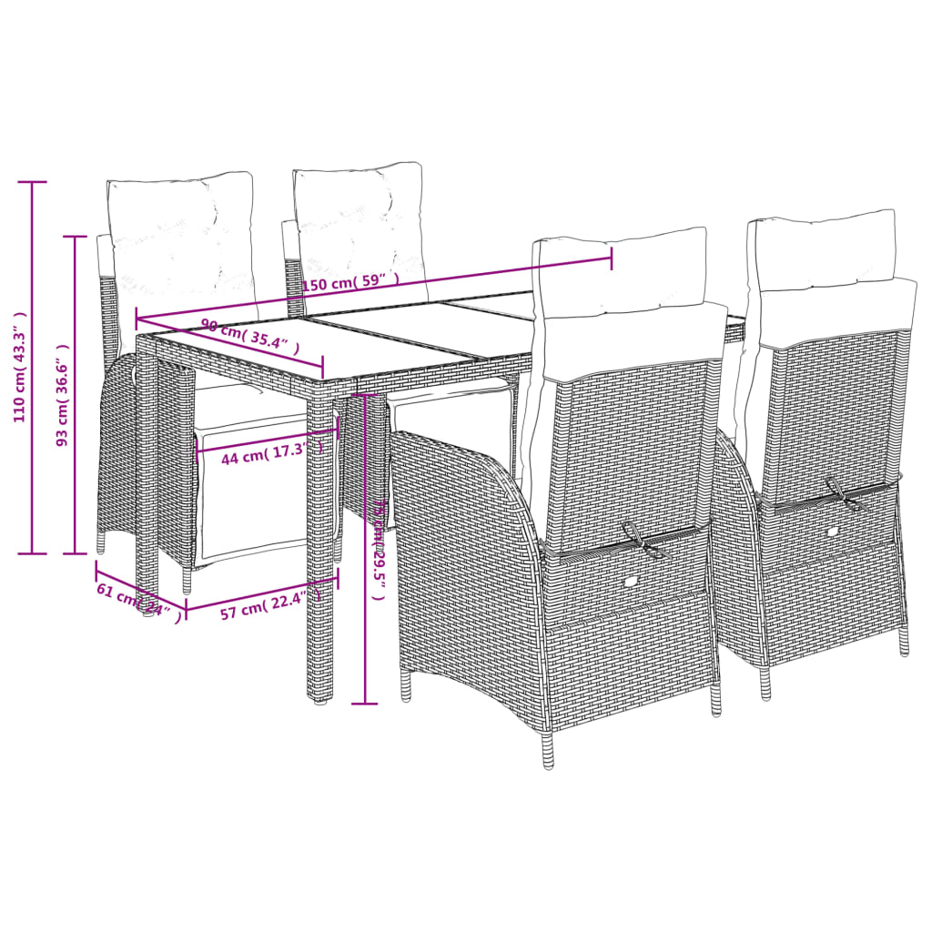 5 pcs conjunto de jantar p/ jardim c/ almofadões vime PE cinza