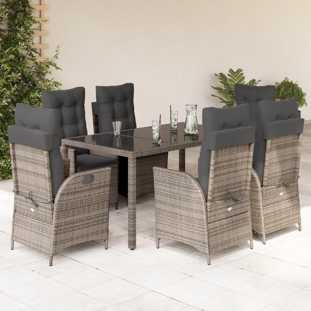 7 pcs conjunto de jantar p/ jardim c/ almofadões vime PE cinza