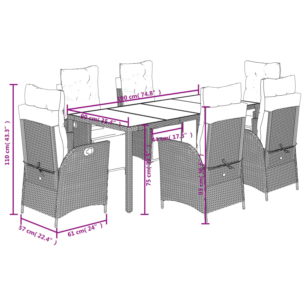 7 pcs conjunto de jantar p/ jardim c/ almofadões vime PE cinza