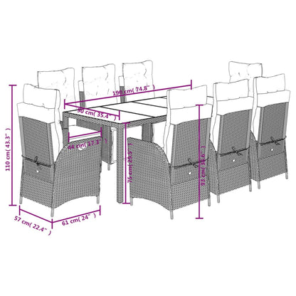 9 pcs conjunto de jantar p/ jardim c/ almofadões vime PE cinza