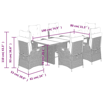 7 pcs conjunto de jantar p/ jardim c/ almofadões vime PE preto