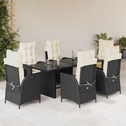 7 pcs conjunto de jantar p/ jardim c/ almofadões vime PE preto