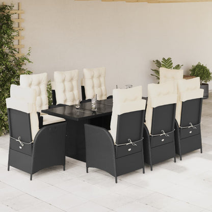 9 pcs conjunto de jantar p/ jardim c/ almofadões vime PE preto