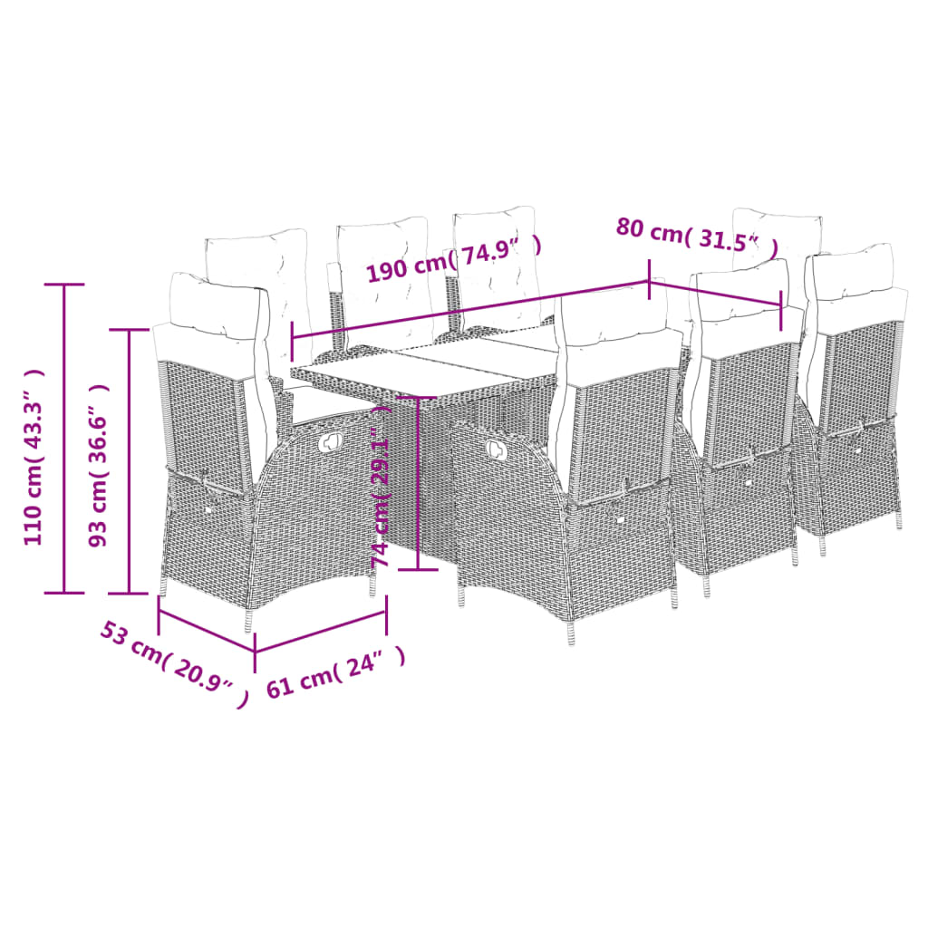 9 pcs conjunto jantar p/ jardim c/ almofadões vime PE castanho