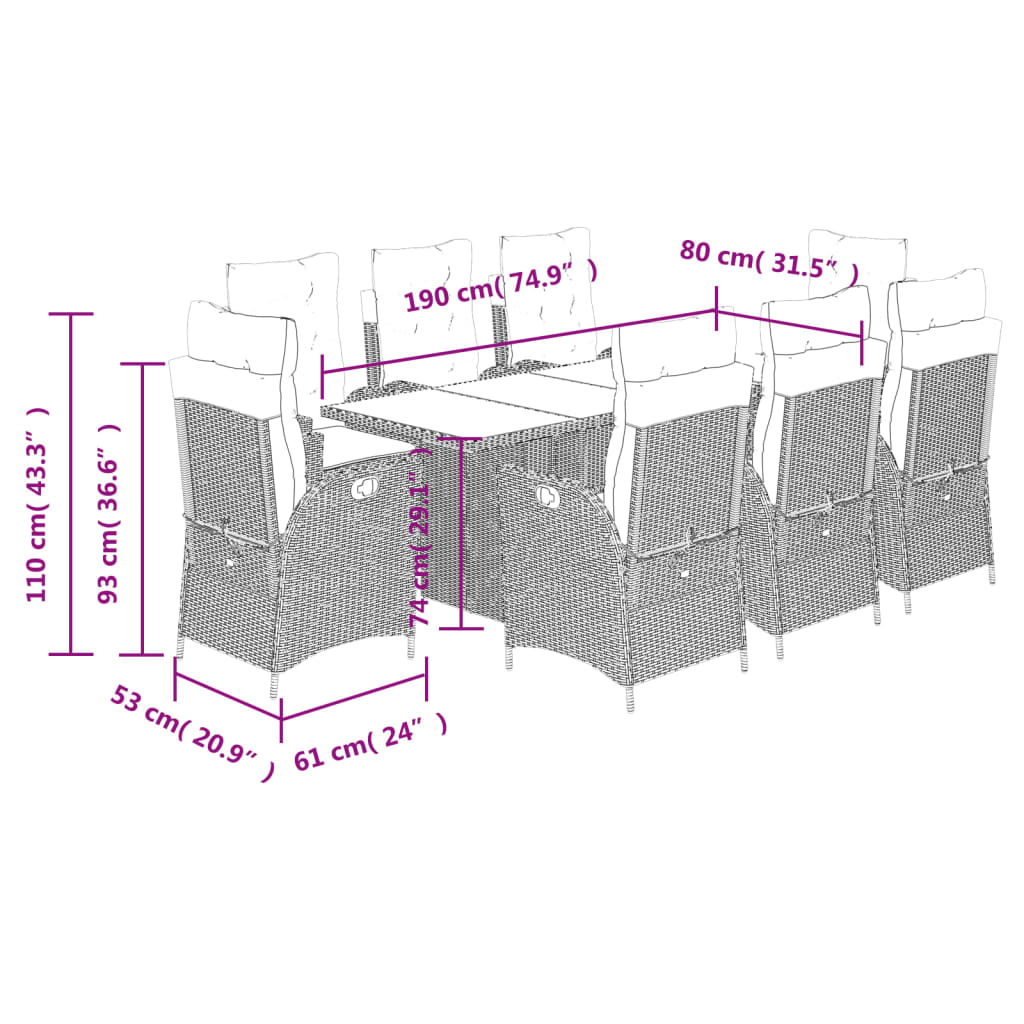 9 pcs conjunto de jantar p/ jardim c/ almofadões cinzento claro