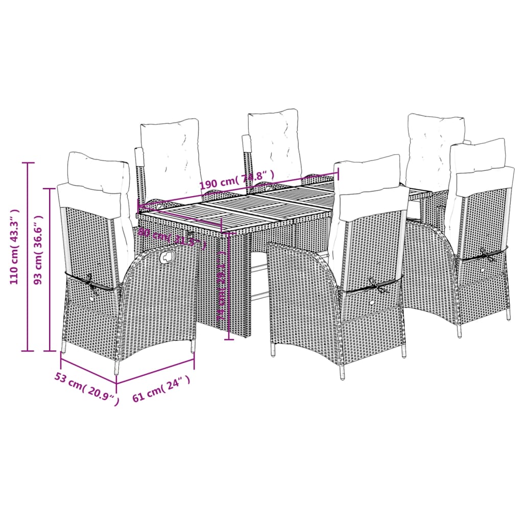 7 pcs conjunto de jantar p/ jardim c/ almofadões vime PE preto