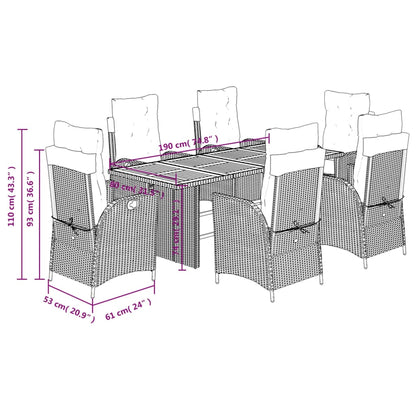 7 pcs conjunto de jantar p/ jardim c/ almofadões vime PE preto