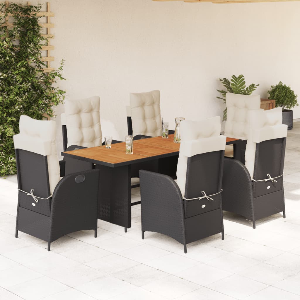 7 pcs conjunto de jantar p/ jardim c/ almofadões vime PE preto