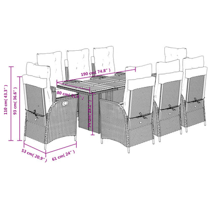 9 pcs conjunto de jantar p/ jardim c/ almofadões vime PE preto