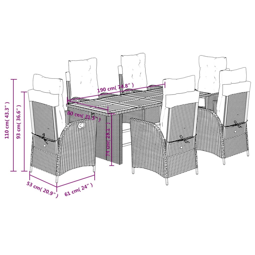 7 pcs conjunto de jantar p/ jardim c/ almofadões vime PE cinza