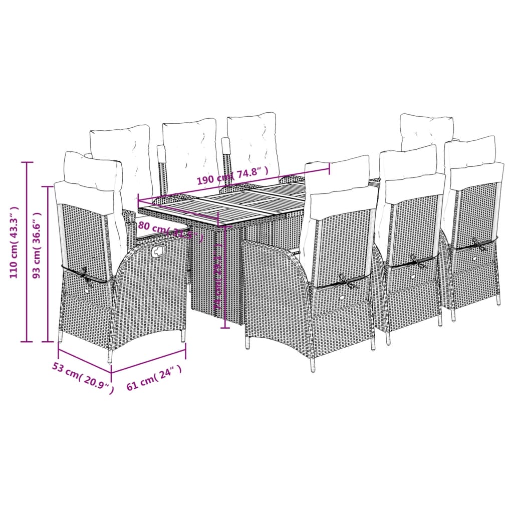 9 pcs conjunto de jantar p/ jardim c/ almofadões vime PE cinza