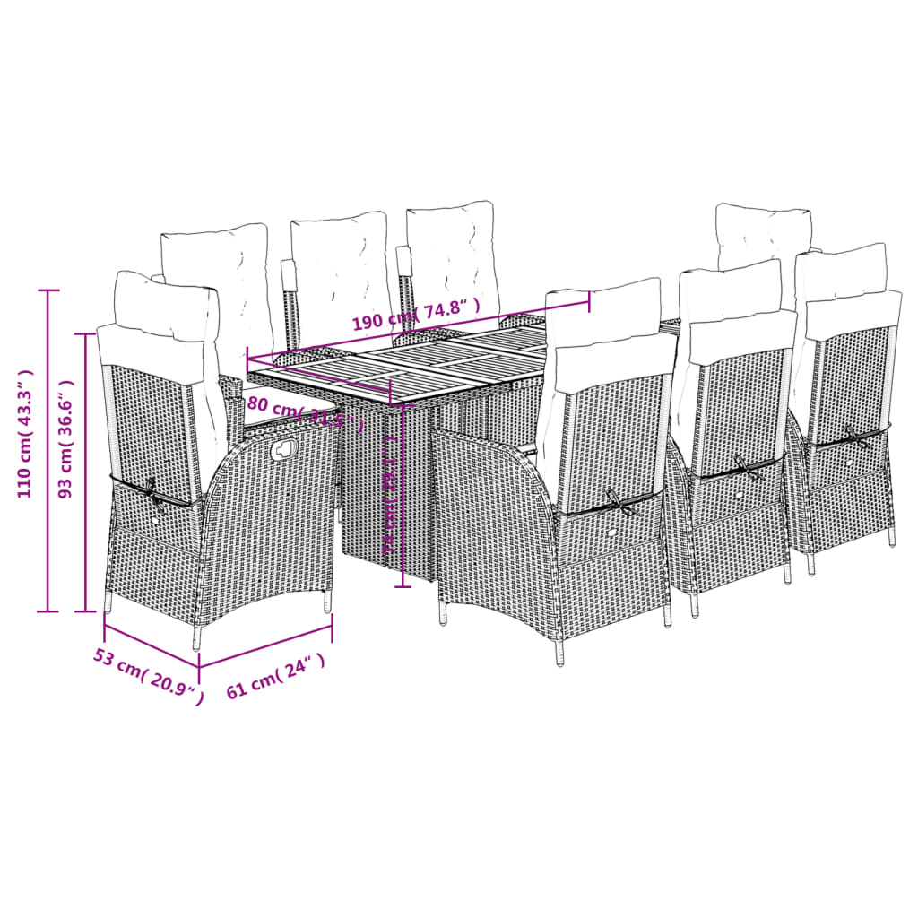 9 pcs conjunto de jantar p/ jardim com almofadões vime PE bege