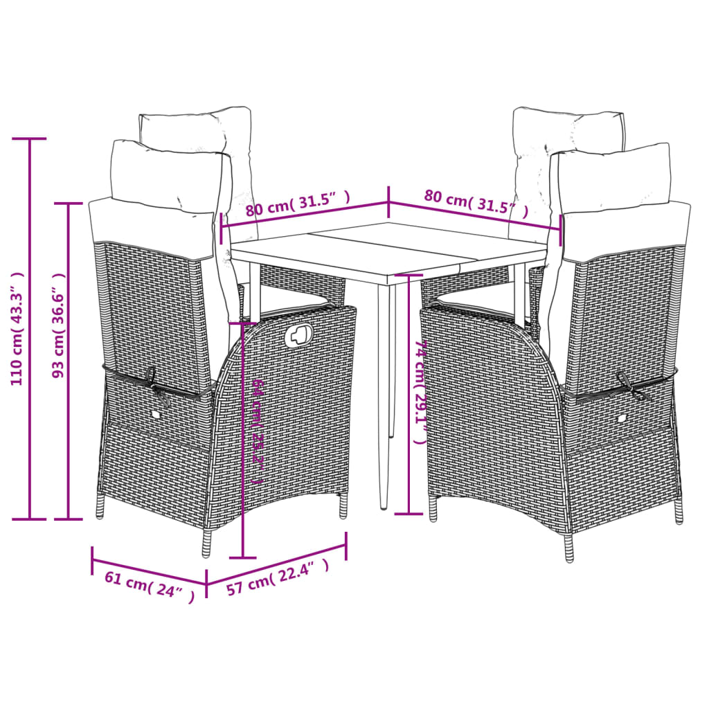 5 pcs conjunto de jantar p/ jardim c/ almofadões vime PE preto