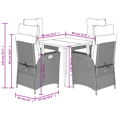 5 pcs conjunto de jantar p/ jardim c/ almofadões vime PE preto