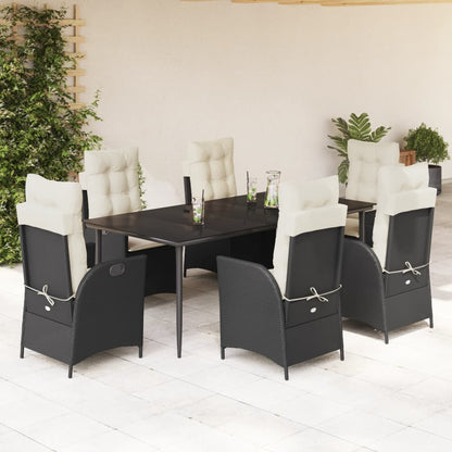 7 pcs conjunto de jantar p/ jardim c/ almofadões vime PE preto