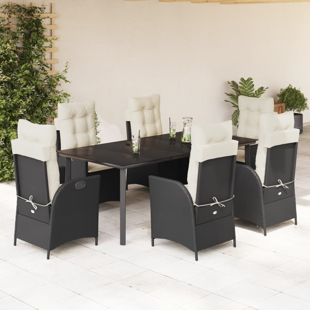 7 pcs conjunto de jantar p/ jardim c/ almofadões vime PE preto